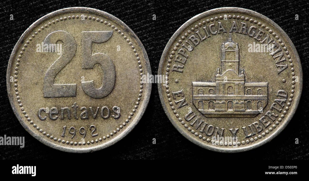 25 Centavos Münze, Rathaus von Buenos Aires, Argentinien, 1992 Stockfoto