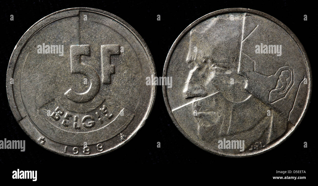 5-Franc-Münze, Belgien, 1988 Stockfoto