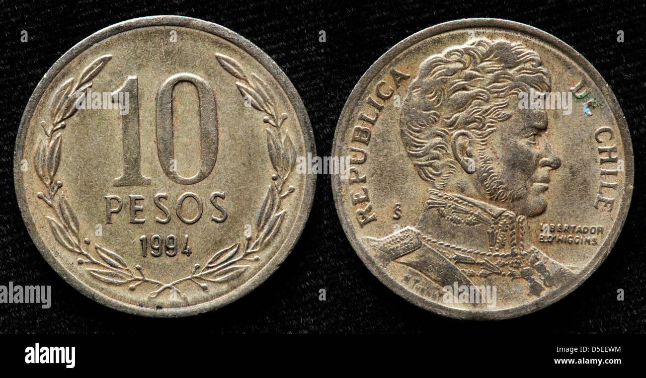 10 Pesos Münze, Bernardo O'Higgins, Chile, 1994 Stockfoto
