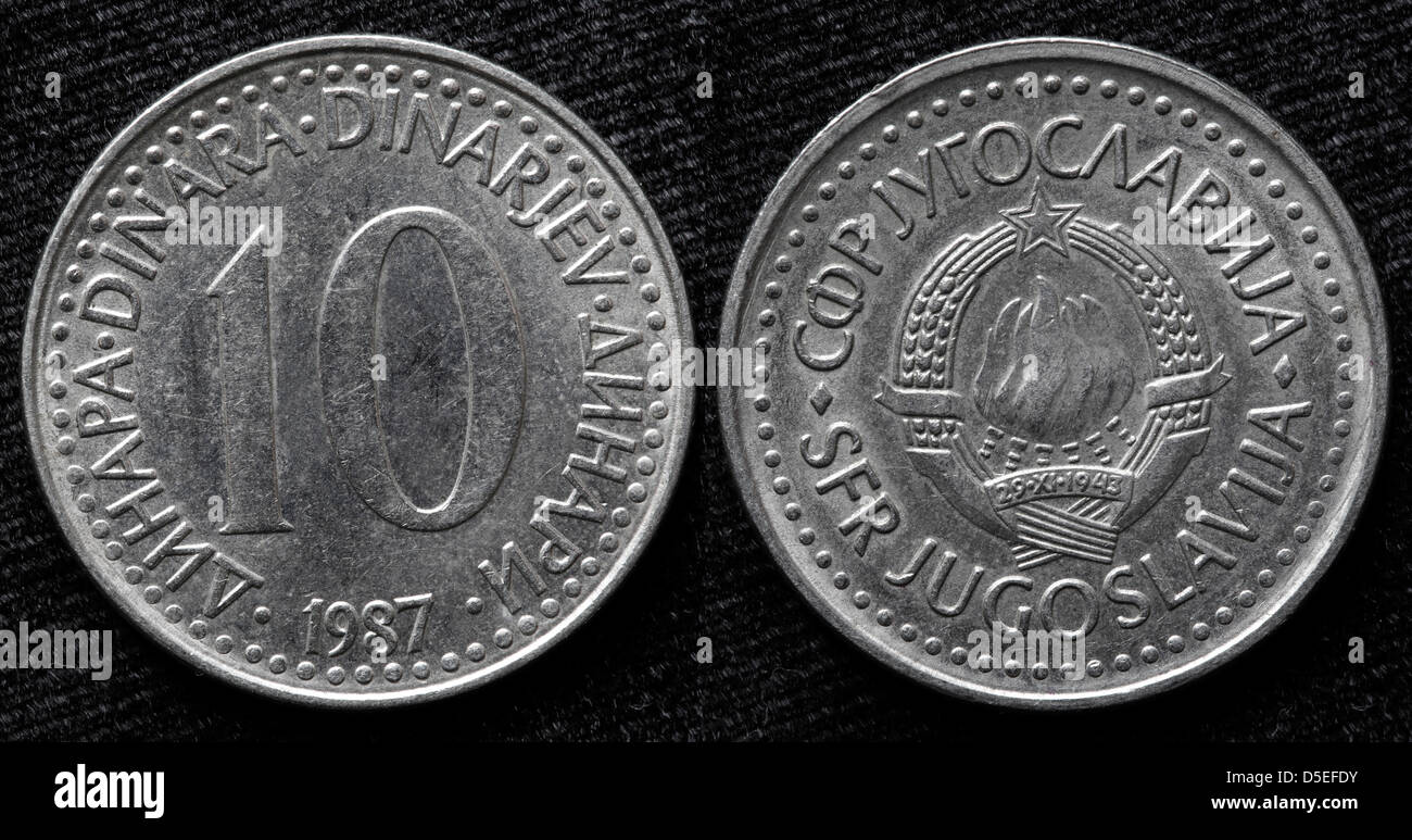 10 Dinara Münzen, Jugoslawien, 1987 Stockfoto