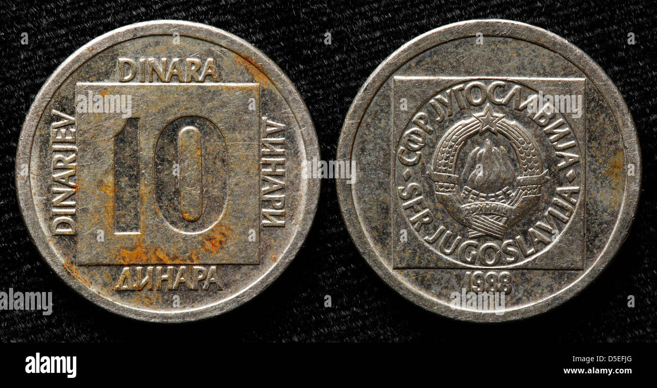 10 Dinara Münzen, Jugoslawien, 1988 Stockfoto