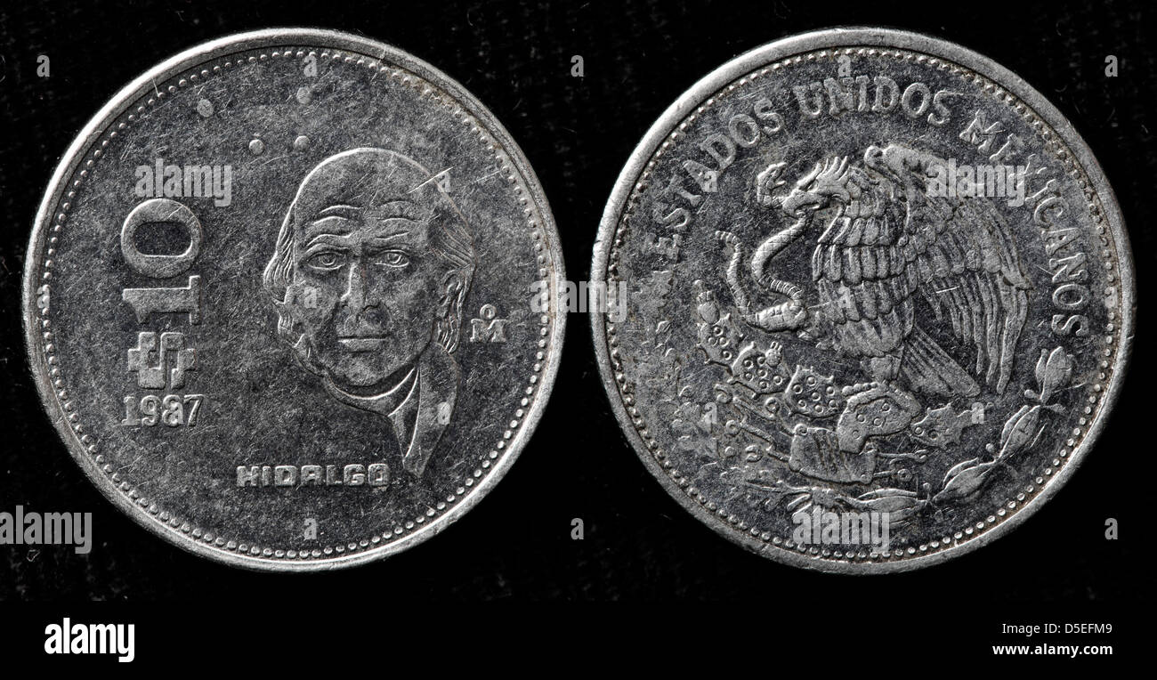 10 Pesos Münze, Hidalgo, Mexiko, 1987 Stockfoto