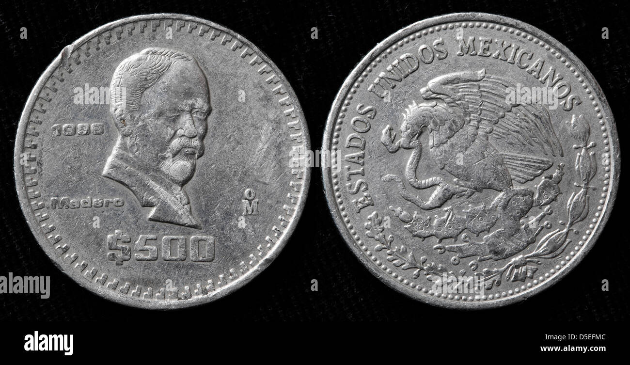 500 Pesos Münze, Madero, Mexiko, 1986 Stockfoto