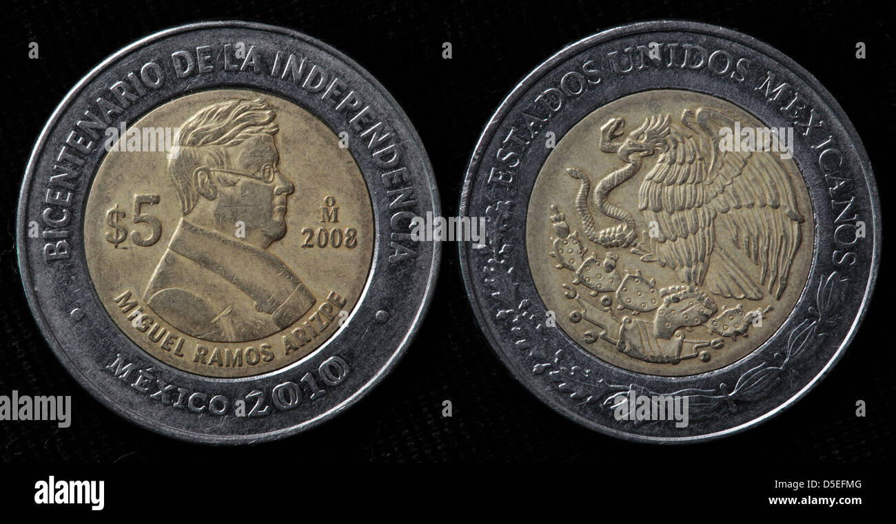 5 Pesos Münze, Miguel Ramos Arizpe, Mexiko, 2010 Stockfoto