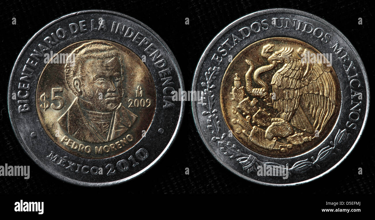 5 Pesos Münze, Pedro Moreno, Mexiko, 2010 Stockfoto
