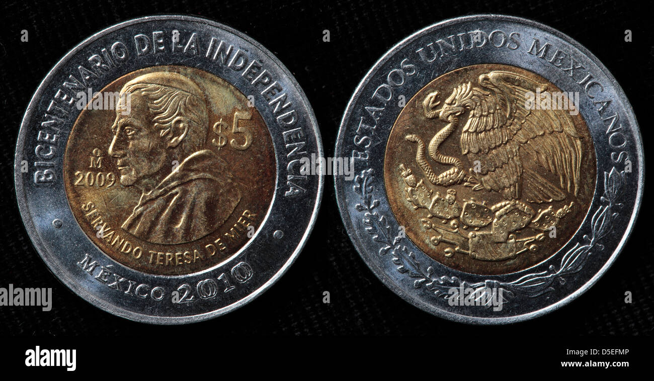 5 Pesos Münze, Servando Teresa de Mier, Mexiko, 2010 Stockfoto