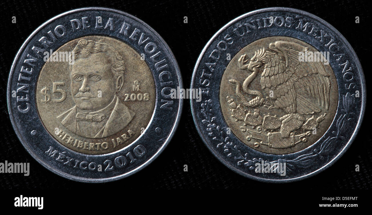 5 Pesos Münze, Heriberto Jara, Mexiko, 2010 Stockfoto