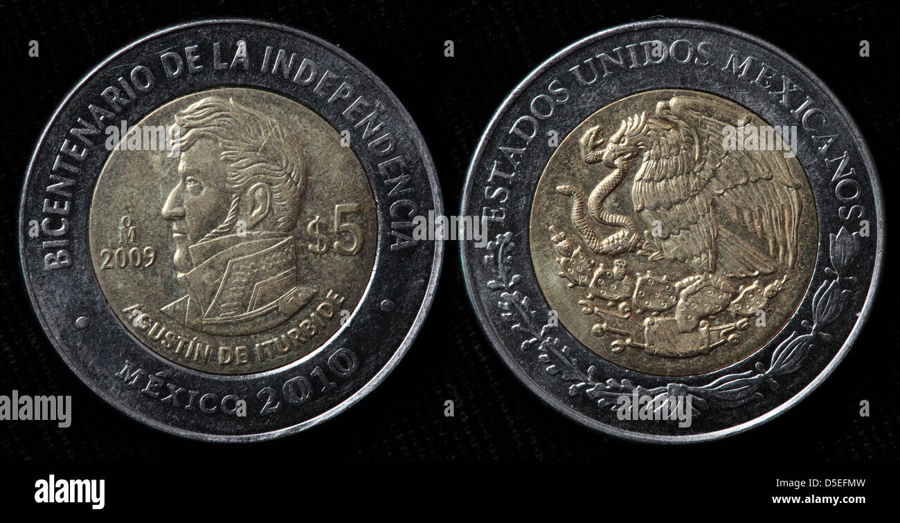 5 Pesos Münze, Agustin de Iturbide, Mexiko, 2010 Stockfoto