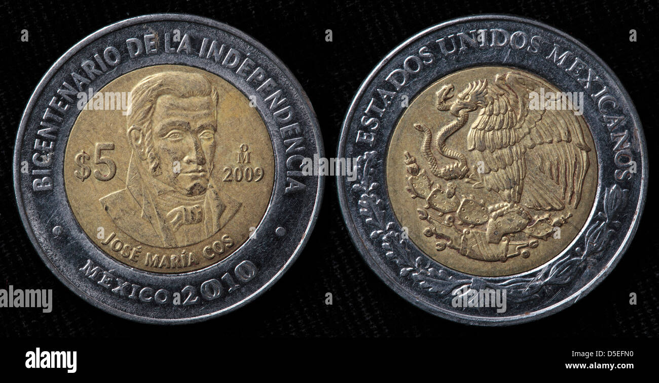 5 Pesos Münze, Jose Maria Cos, Mexiko, 2010 Stockfoto