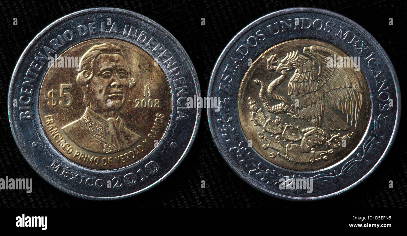 5 Pesos Münze, Francisco Primo de Verdad y Ramos, Mexiko, 2010 Stockfoto