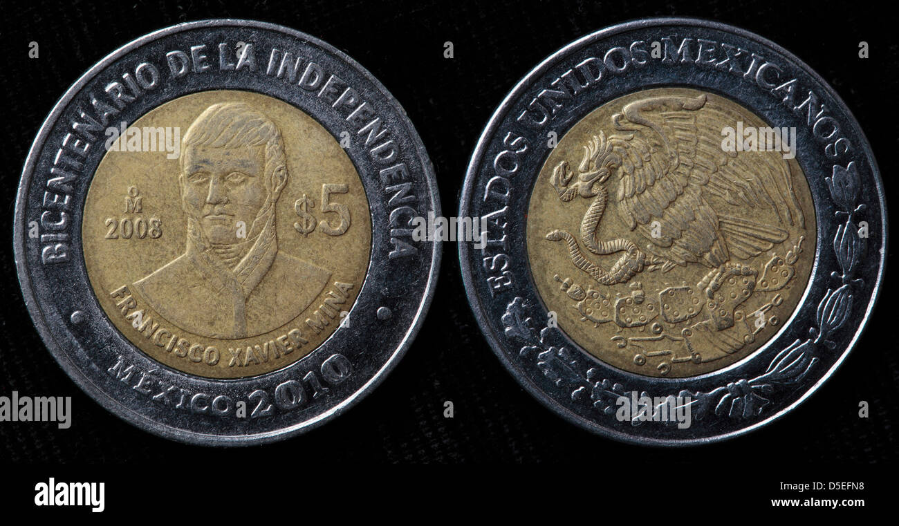 5 Pesos Münze, Francisco Xavier Mina, Mexiko, 2010 Stockfoto