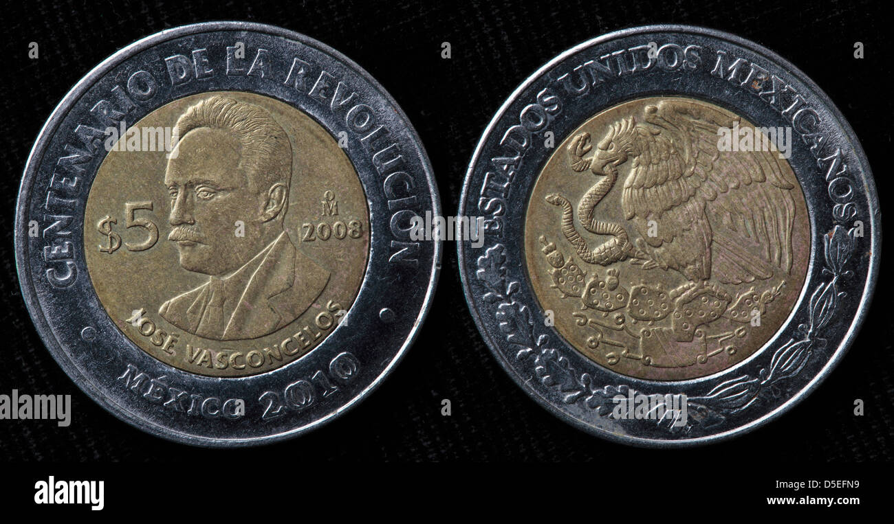 5 Pesos Münze, Jose Vasconcelos, Mexiko, 2010 Stockfoto