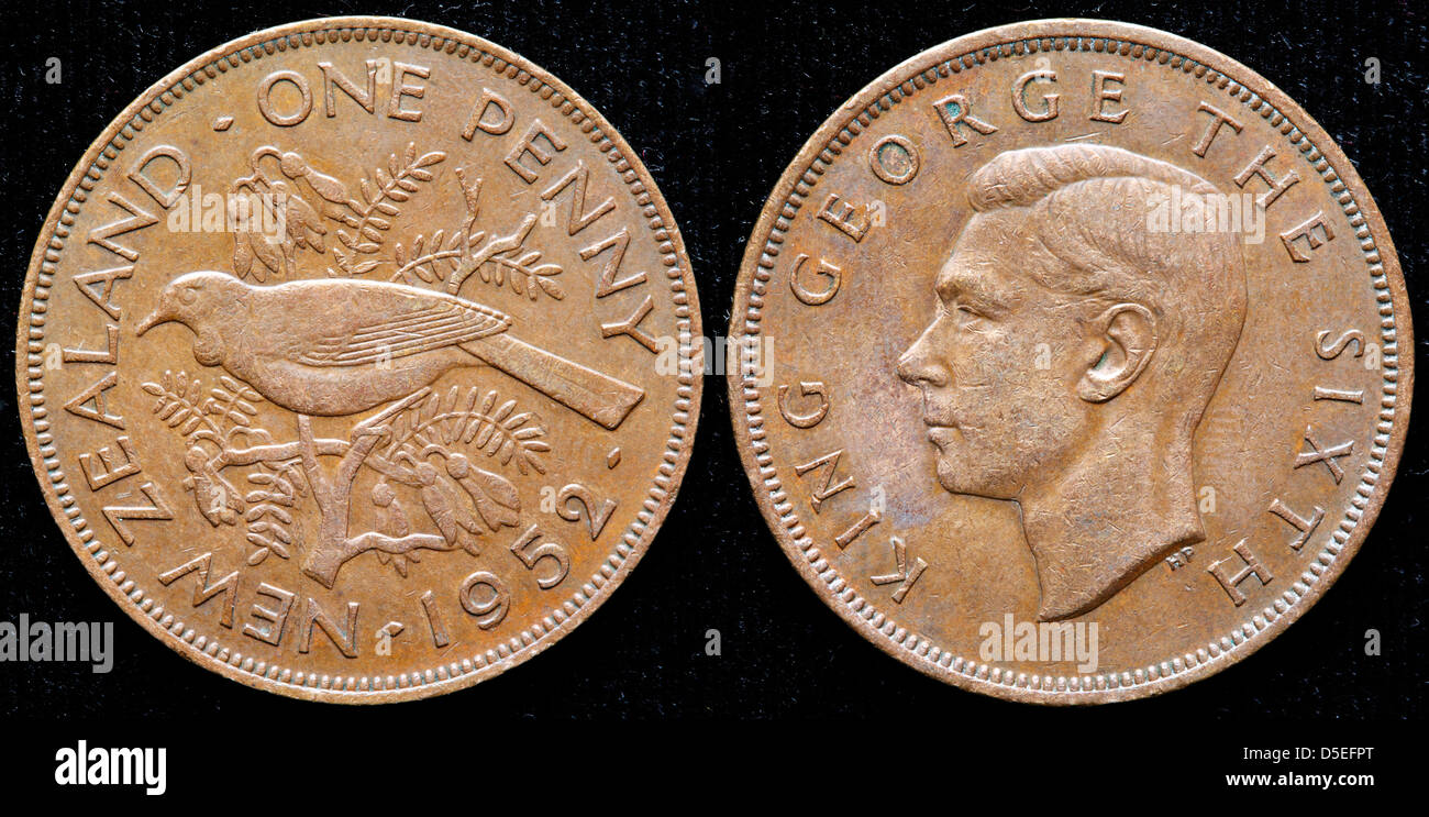 1 Cent Münze, Tui Vogel, König George VI, New Zealand, 1952 Stockfoto
