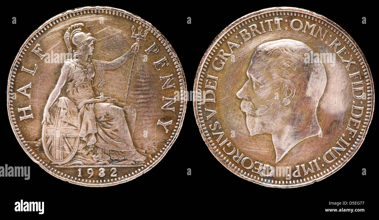 Halben Cent Münze, Britannia, King George V, UK, 1932 Stockfoto