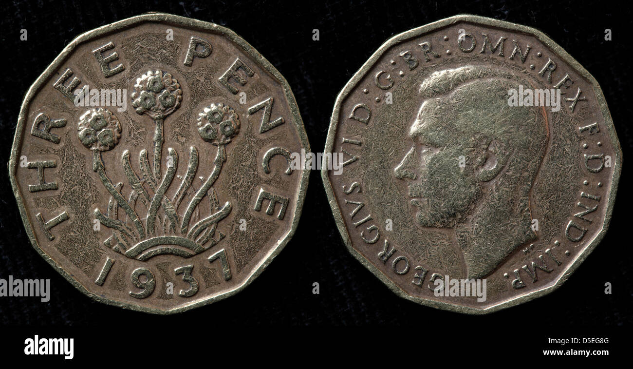 3 Pence Münze, Sparsamkeit Pflanze, König George VI, UK, 1937 Stockfoto