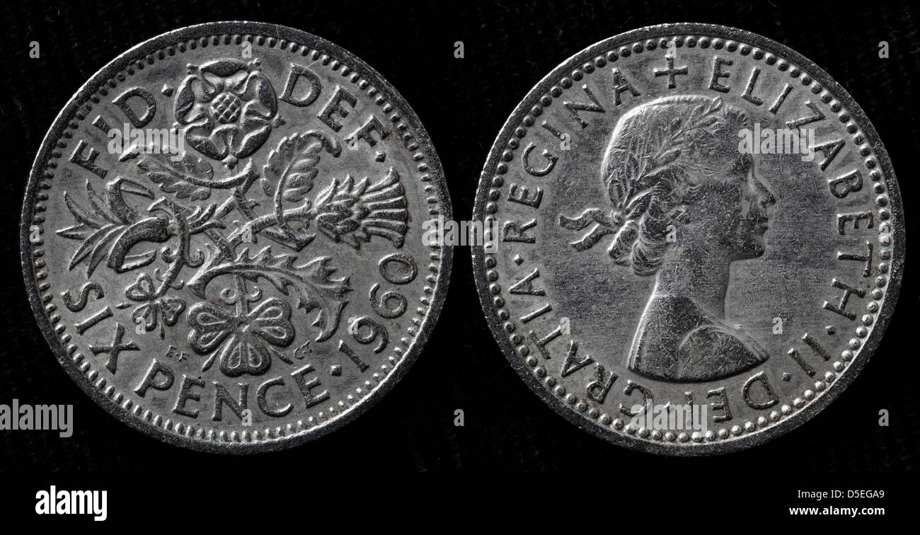 6 Pence Münze, Königin Elizabeth II., UK, 1960 Stockfoto