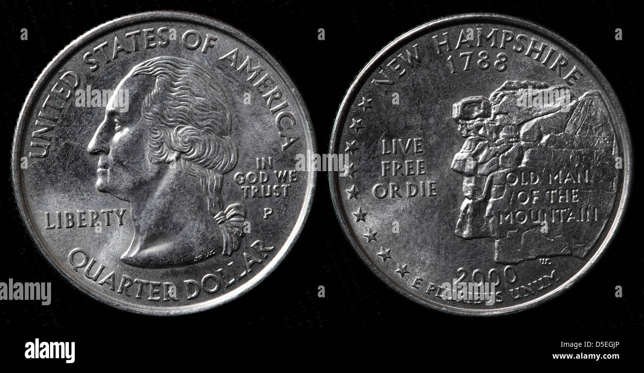 Viertel-Dollar-Münze, New Hampshire, USA, 2000, auf weißem Hintergrund Stockfoto