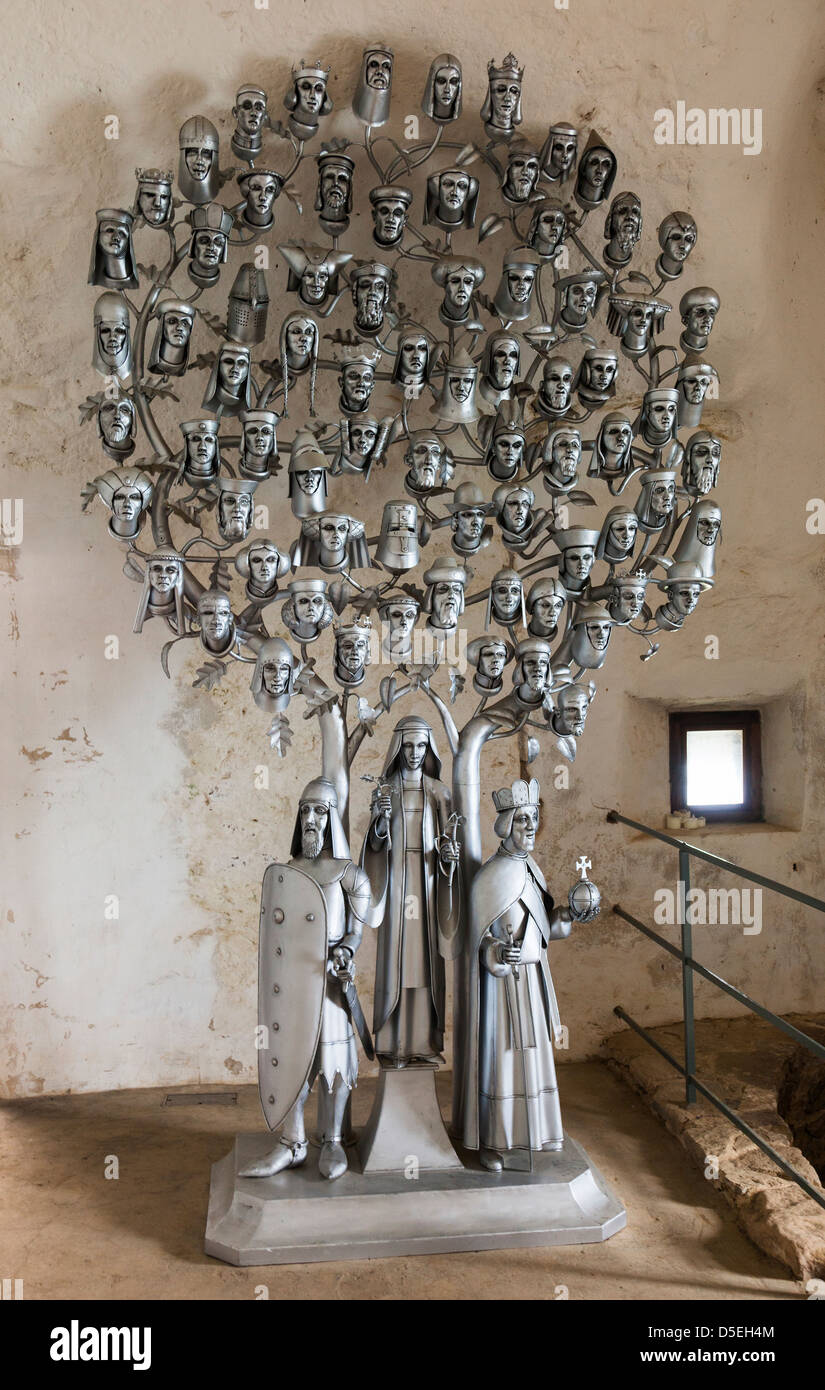 Darstellung des Stammbaums als Kunstwerk aus Metall, Mont Hochmuts Burg, Gorey, Jersey, Kanalinseln, Großbritannien Stockfoto