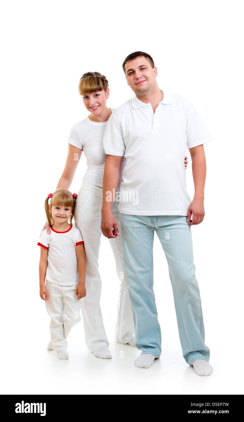 Glückliche junge Familie isoliert auf weißem Hintergrund Stockfoto