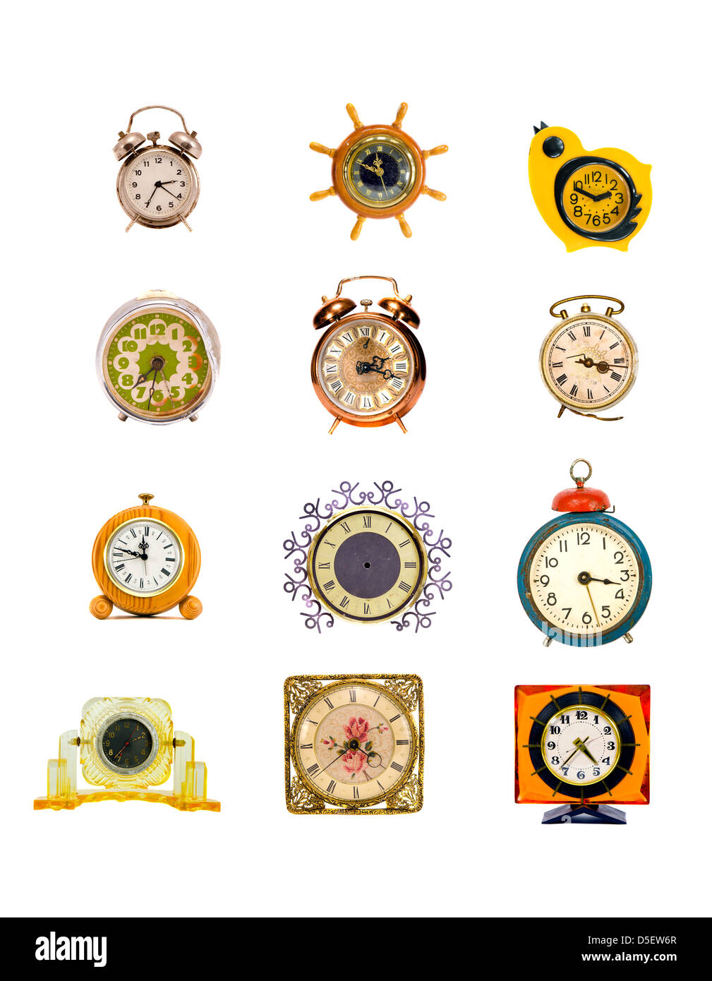 verschiedene original Vintage Uhr und Wecker Designkollektion isoliert auf weiss Stockfoto