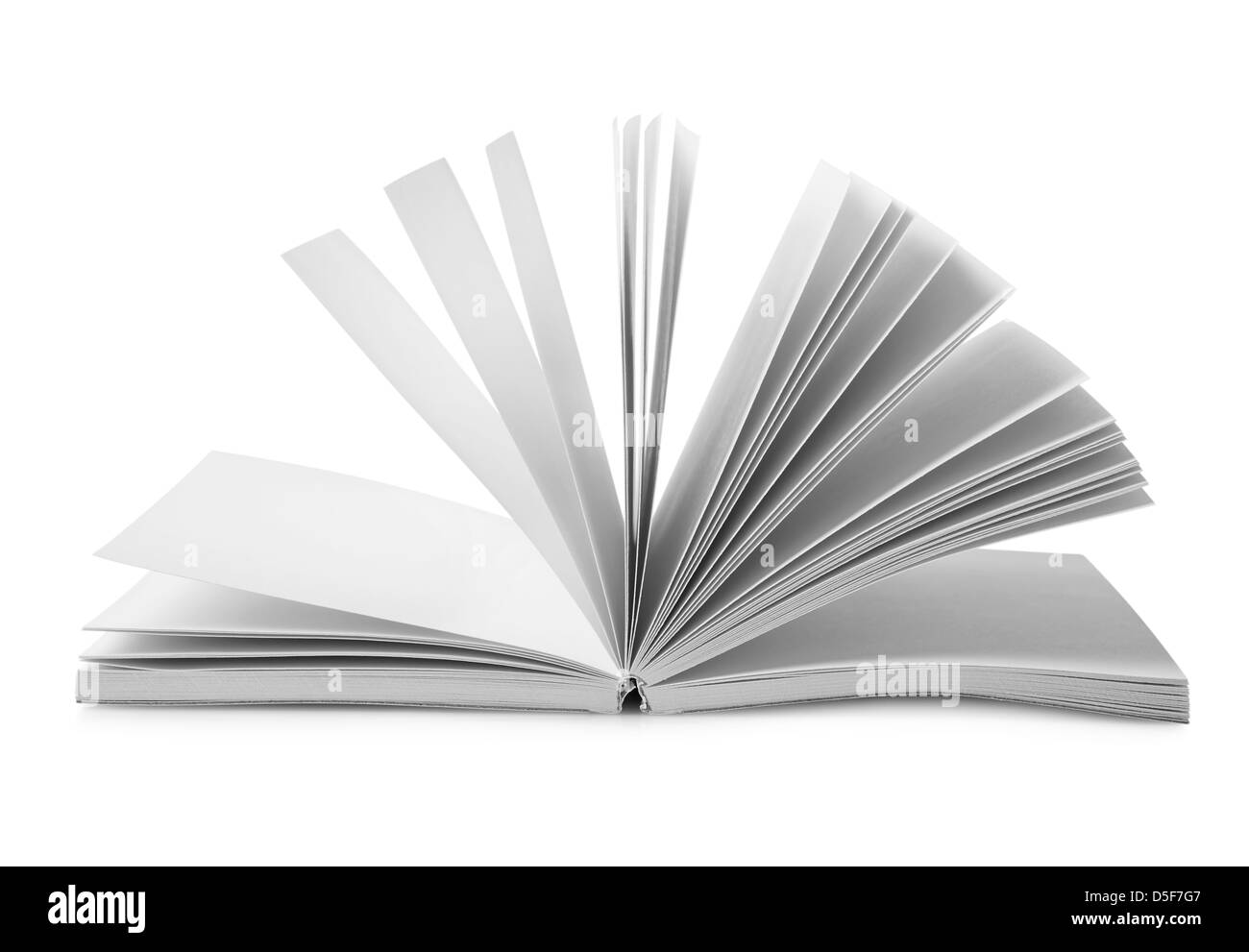 Offenes Buch mit aufgefächerten Seiten isoliert auf weißem Hintergrund Stockfoto