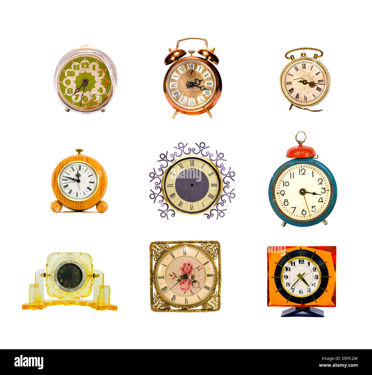 verschiedene sortierte Vintage Uhren Gruppe isoliert auf weiss Stockfoto