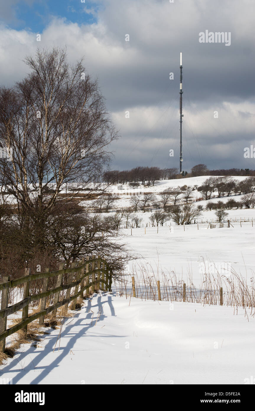 Pontop Hecht TV und Radio Sendemast mit einer Beschichtung aus Schnee, Nord-Ost England UK Stockfoto