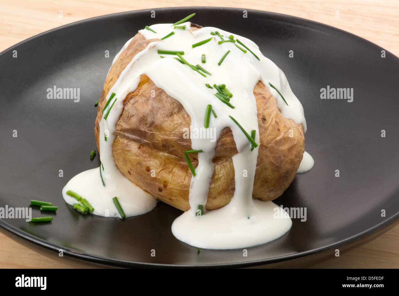 Jacke Ofenkartoffel mit Sauerrahm und Schnittlauch gefüllt, hell erleuchteten Studio gedreht Stockfoto