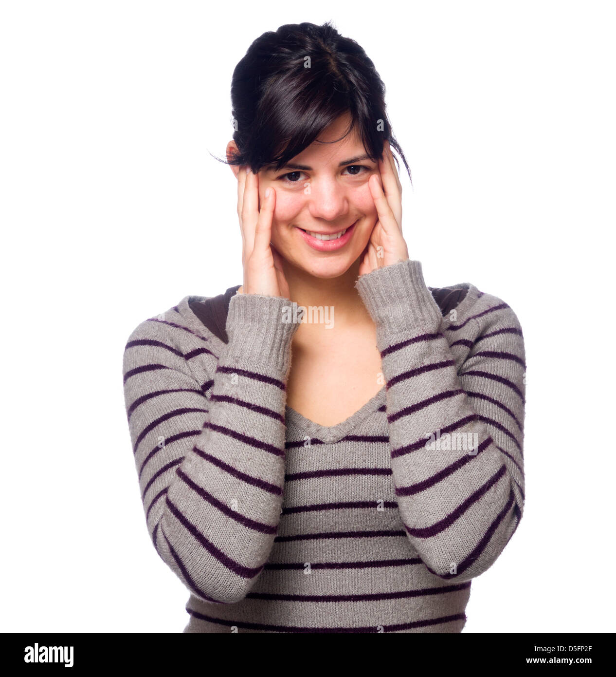 Porträt der jungen Frau mit den Händen auf ihr Gesicht Stockfoto