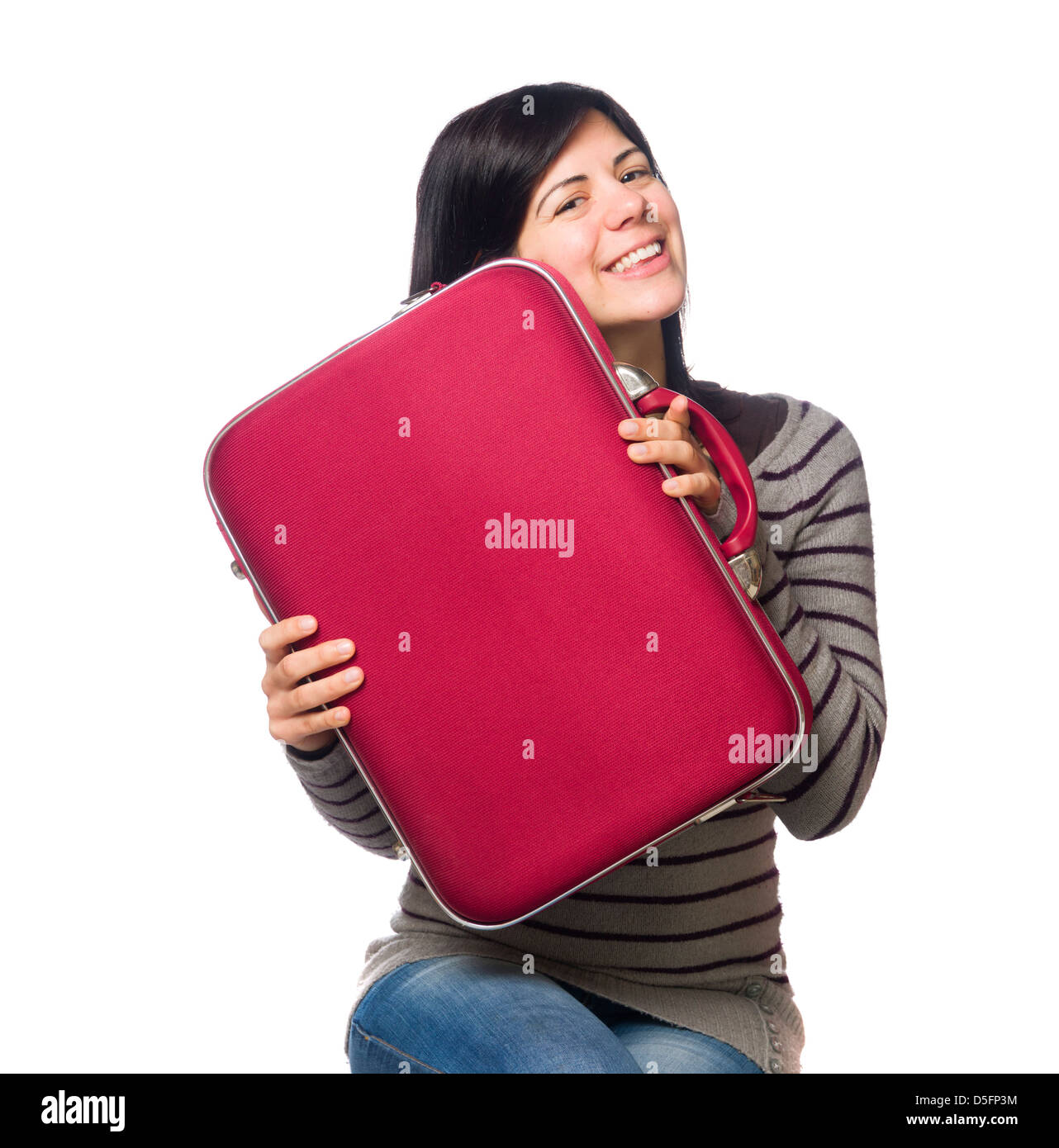 Porträt der hübsche junge Frau mit einem roten Koffer isoliert auf weißem Hintergrund Stockfoto