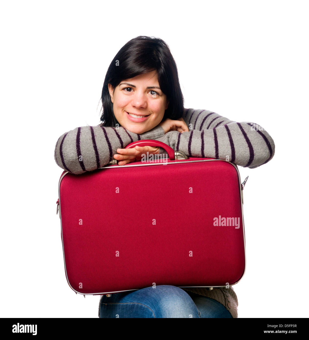 Porträt der hübsche junge Frau mit einem roten Koffer isoliert auf weißem Hintergrund Stockfoto
