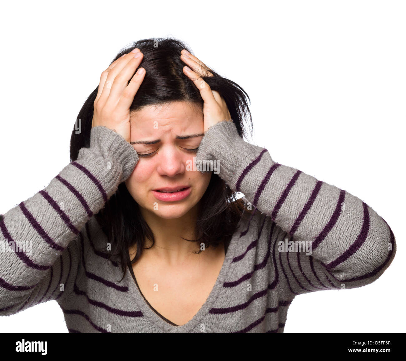 Porträt der traurige Frau isoliert auf weißem Hintergrund Stockfoto
