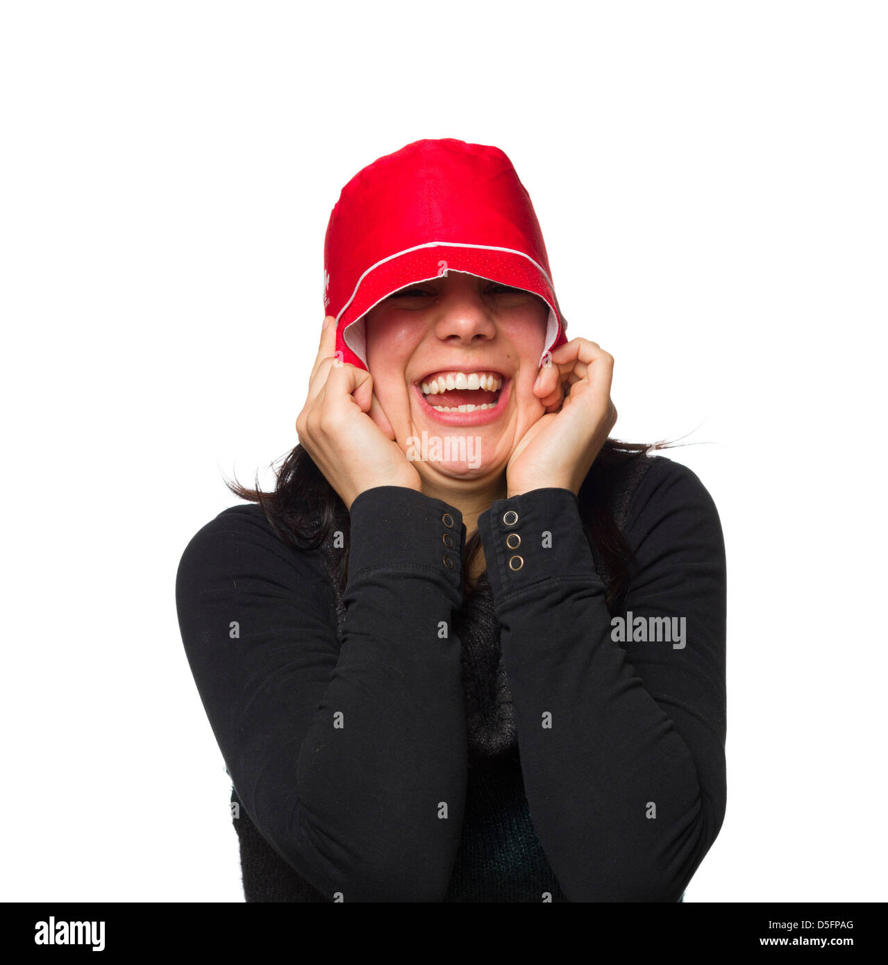 Goofy Porträt einer Frau trägt einen roten Hut isoliert auf weißem Hintergrund Stockfoto