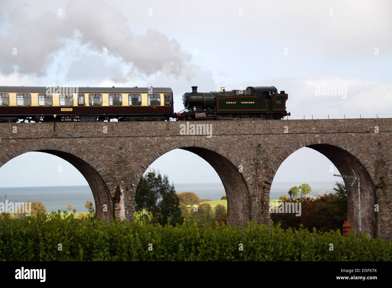 Dampfzug über Viadukt Stockfoto