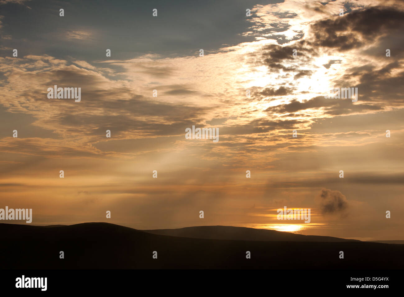 Isle Of Man, Snaefell, Blick westlich vom Gipfel bei Sonnenuntergang Stockfoto