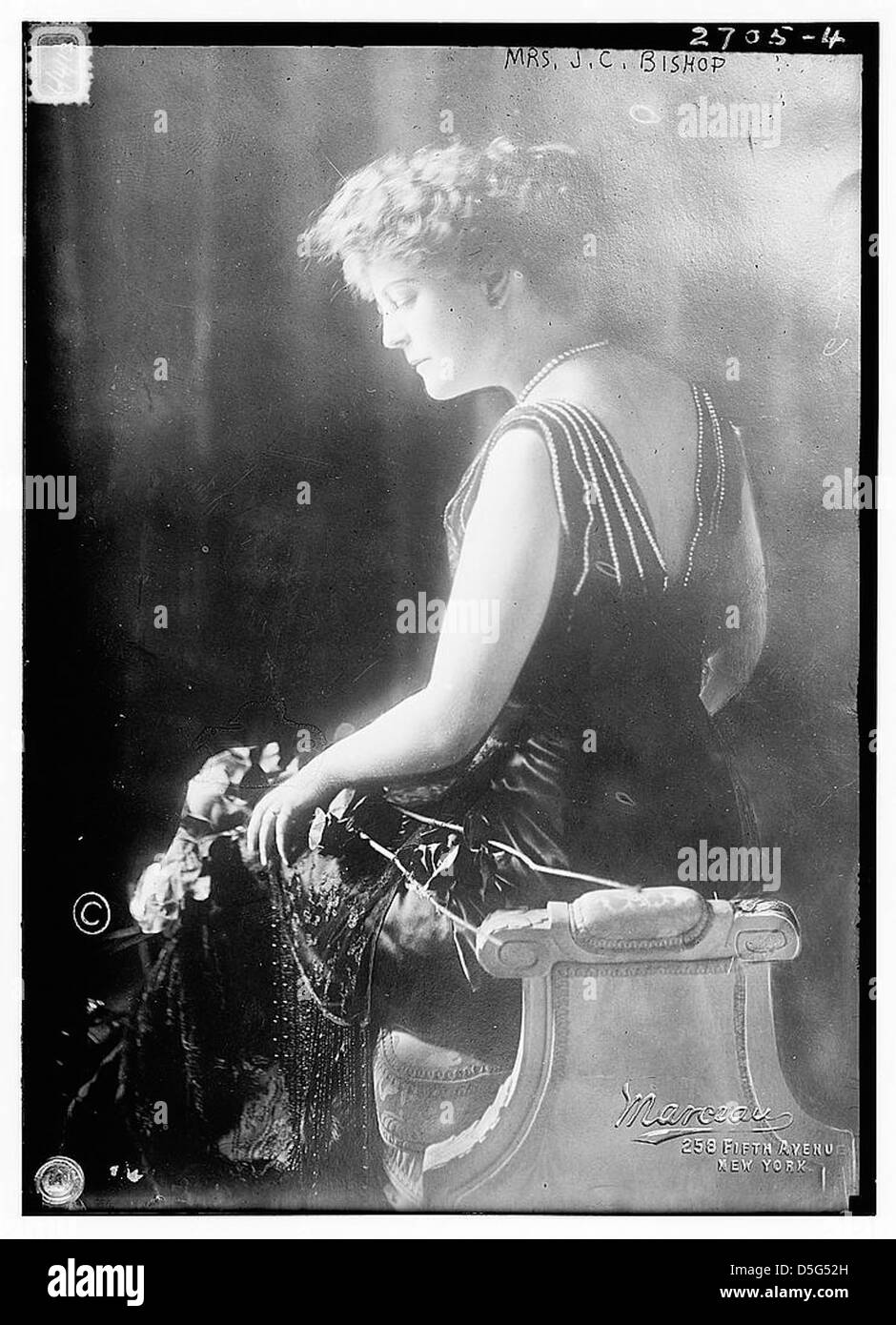 Ein Porträt von Mrs. J.C. Bishop aus den frühen 1900er Jahren, das ihr modisches Kleid und ihre Eleganz zeigt. Sie ist im Vintage-Stil fotografiert und spiegelt die Mode und gesellschaftlichen Normen des frühen 20. Jahrhunderts in New York wider. Stockfoto