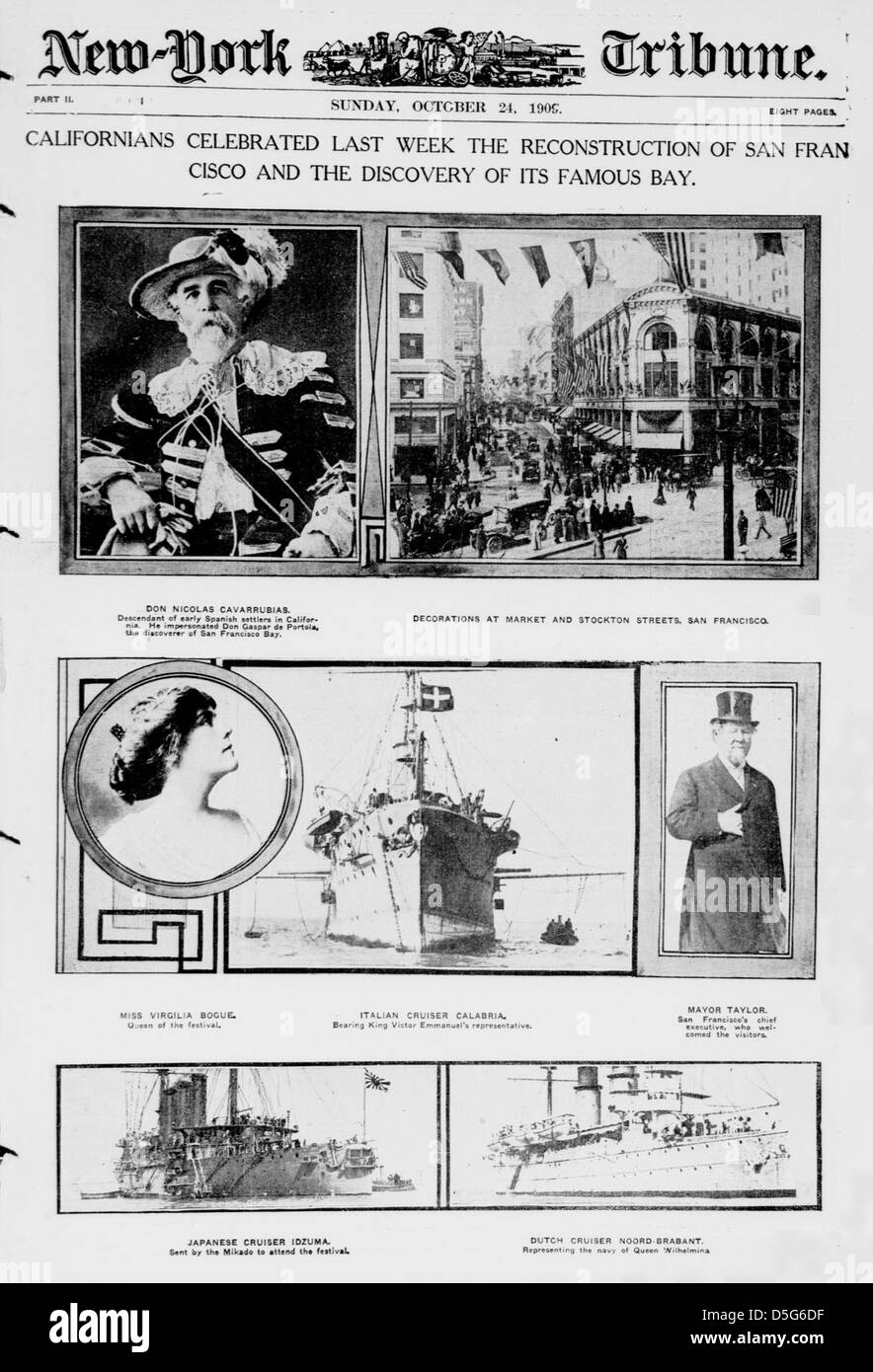 Eine Zeichnung aus dem Jahr 1909 zum Gedenken an den Wiederaufbau von San Francisco und die Entdeckung der berühmten Bucht. Diese Illustration der New York Tribune unterstreicht das Wachstum und die Zukunftsperspektiven der Stadt. Stockfoto