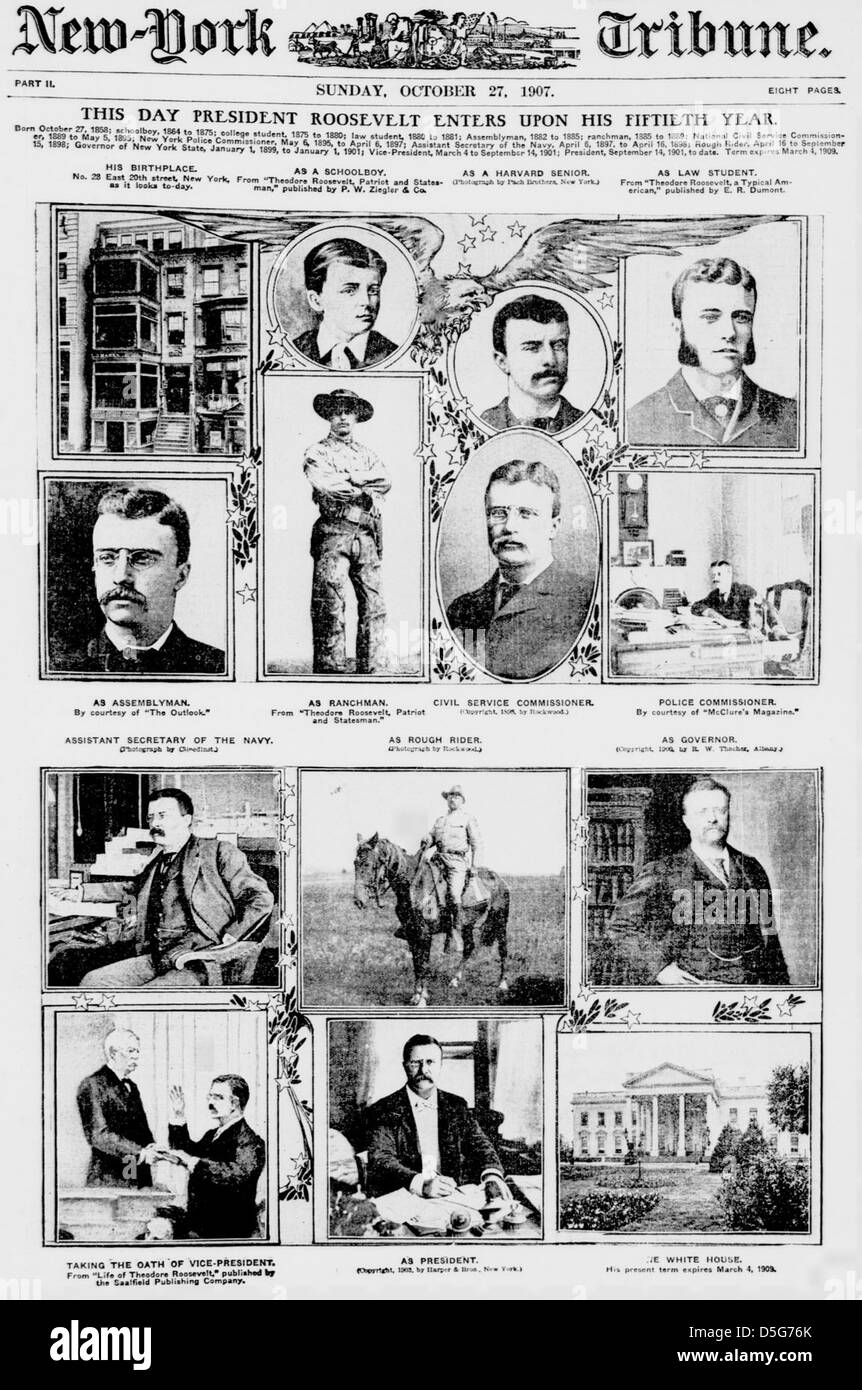 In einem artikel der New York Tribune 1907 wird Präsident Theodore Roosevelt zum 50. Geburtstag seiner Führung und der politischen Meilensteine seiner Präsidentschaft vorgestellt. Stockfoto