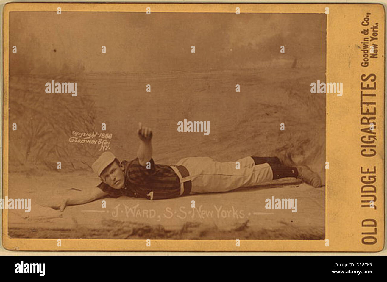 Ein Baseballkartenporträt von Monte Ward aus den New York Giants, das auf 1888 zurückgeht. Die Karte wurde von Goodwin & Company als Teil einer Zigarettenserie produziert, in der Ward in seiner Baseballuniform gezeigt wurde. Stockfoto Ein Baseballkartenporträt von Monte Ward aus den New York Giants, das auf 1888 zurückgeht. Die Karte wurde von Goodwin & Company als Teil einer Zigarettenserie produziert, in der Ward in seiner Baseballuniform gezeigt wurde. Stockfoto