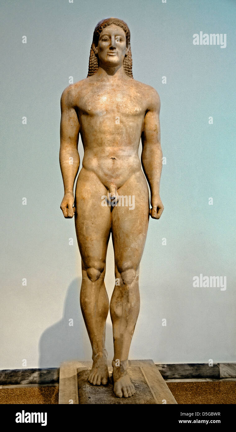 Statue eines Kouros parischen Anavyssos Attika Muskulatur Grabes Kroisos Ares Griechisch Griechenland Museum Stockfoto