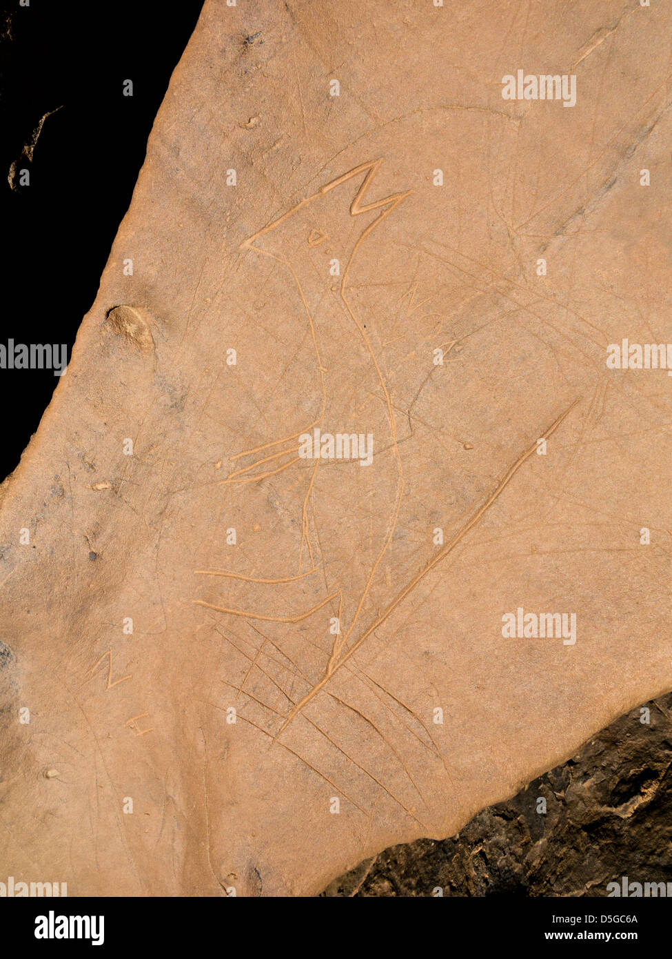 Prähistorische Felszeichnungen am Oued Mestakou auf der Tata Akka Road in Marokko. Stockfoto