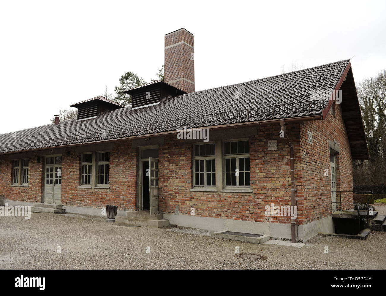 KZ Dachau. NS-Lager der Gefangenen in 1933 eröffnet. Barrack X. Gebäude wo die Krematorien und Gaskammern sind. Stockfoto