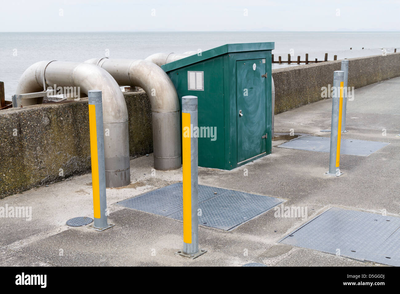 Abwasser Pumpen direkt am Meer in Barmouth Wales. Stockfoto