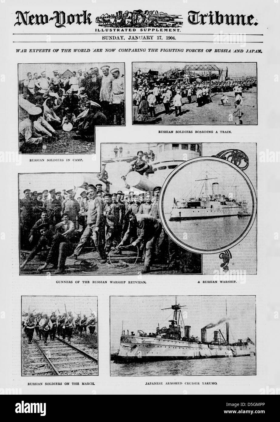 Eine Analyse der Streitkräfte Russlands und Japans während des Russisch-Japanischen Krieges, wobei Marine- und Landstreitkräfte als Teil globaler Kriegsstrategien im frühen 20. Jahrhundert verglichen wurden. Stockfoto