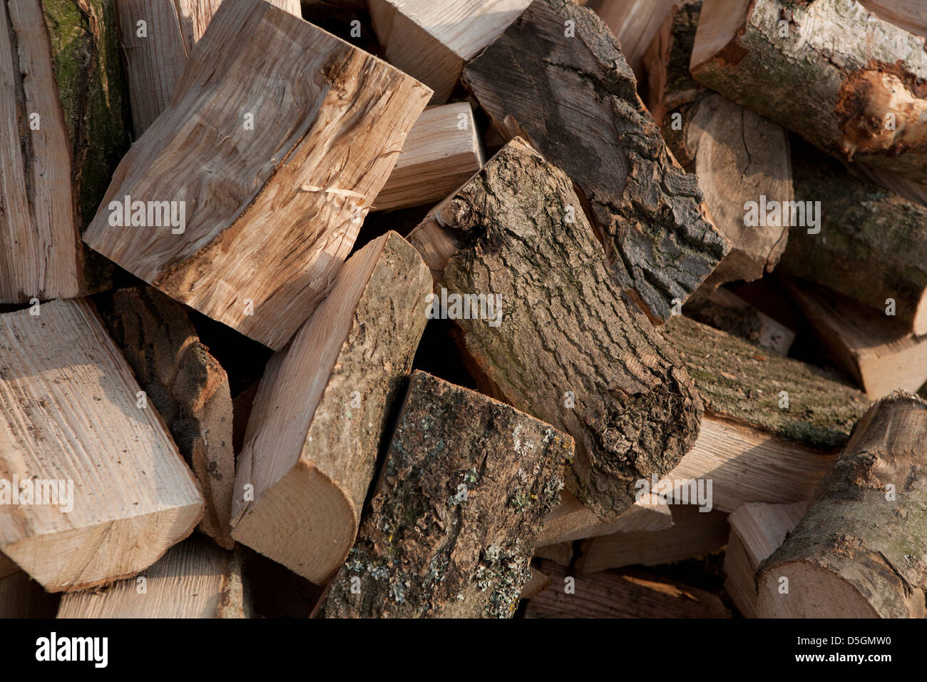 Ein Haufen Brennholz Protokolle bereit, verbrannt werden, nur geliefert und aufgeteilt. Stockfoto