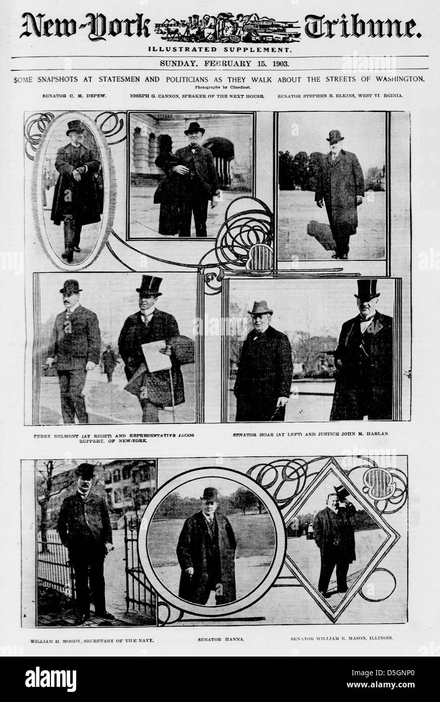Diese Momentaufnahmen erfassen Staatsmänner und Politiker, darunter Richter John Harlan, während sie während des frühen 20. Jahrhunderts durch die Straßen von Washington, D.C. gehen und das politische Leben in der US-Hauptstadt widerspiegeln. Stockfoto