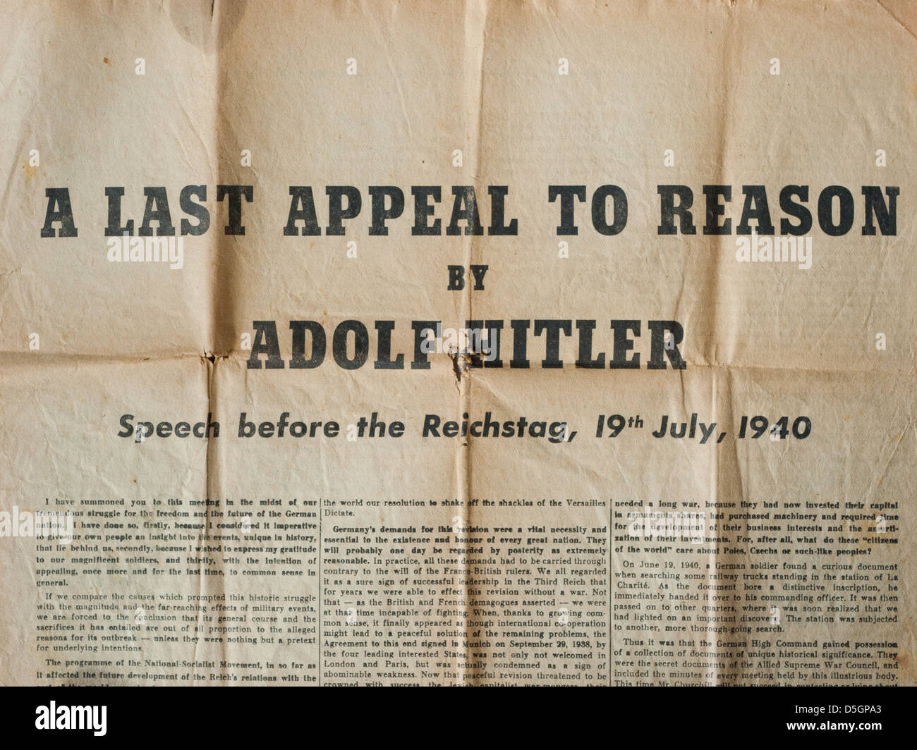 "Einen letzten Appell auf Grund" Rede von Adolf Hitler, vor der Reighstag, 19. Juli 1940 Stockfoto