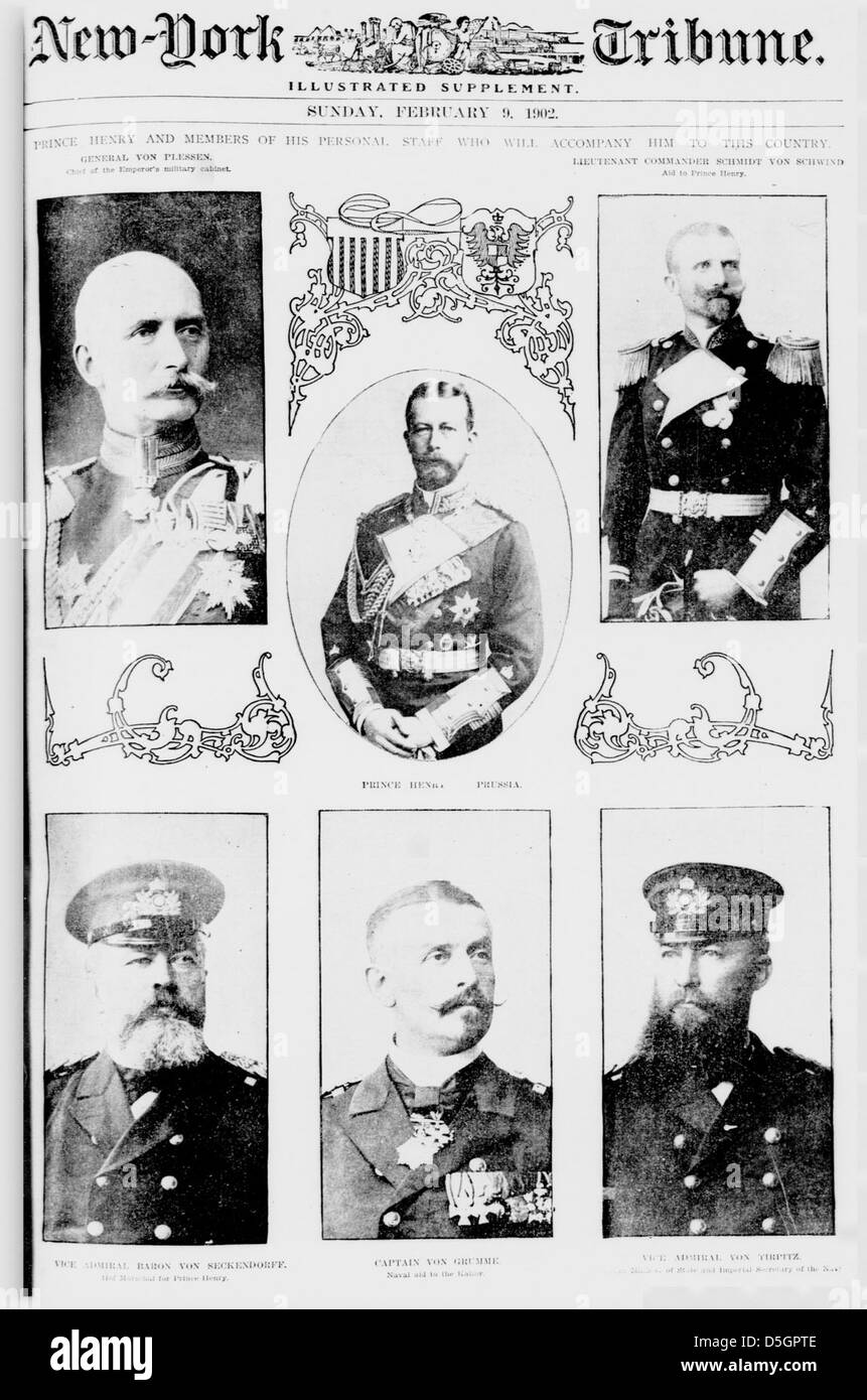 Ein Foto von 1902 zeigt Prinz Heinrich von Preußen mit Mitgliedern seines persönlichen Stabes, die Teil seiner diplomatischen Mission in den Vereinigten Staaten waren und die europäische königliche Diplomatie im frühen 20. Jahrhundert symbolisieren. Stockfoto