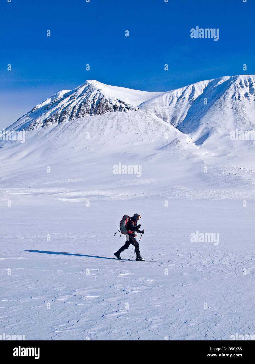 Single Skifahrer Skitouren im nördlichen Norwegen Troms Grenze Trail, in der Nähe von Tromsø Stockfoto