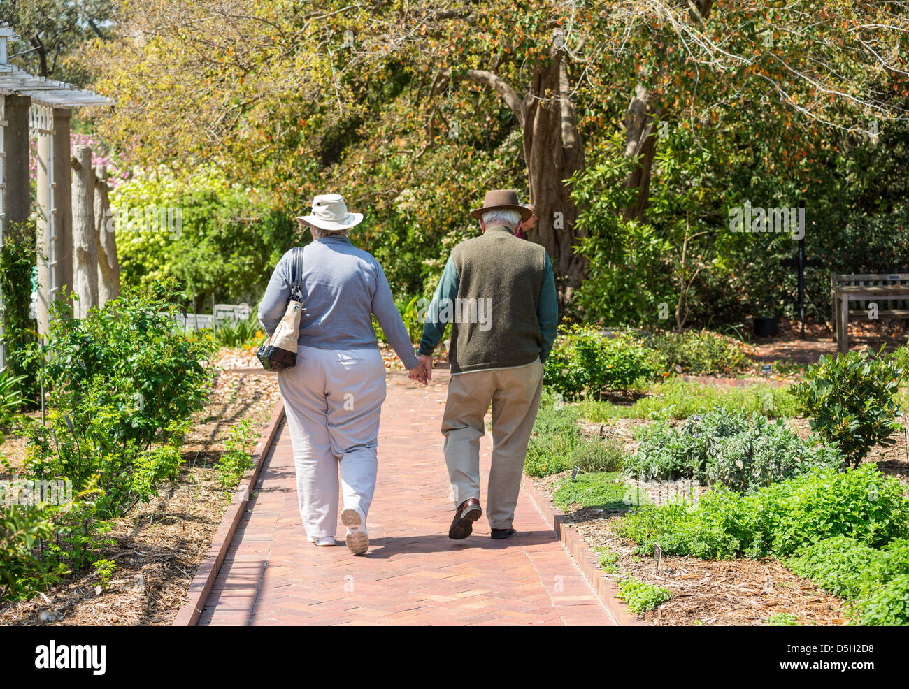 Ein älteres Ehepaar bei einem Spaziergang rund um die Huntington-Bibliothek und botanischen Gärten. Stockfoto